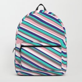 [ Thumbnail: Vibrant Gray, Pink, White, Dark Slate Blue & Turquoise Colored Striped Pattern Backpack ]