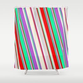 [ Thumbnail: Colorful Orchid, Green, Red, Light Gray, and Beige Colored Striped/Lined Pattern Shower Curtain ]
