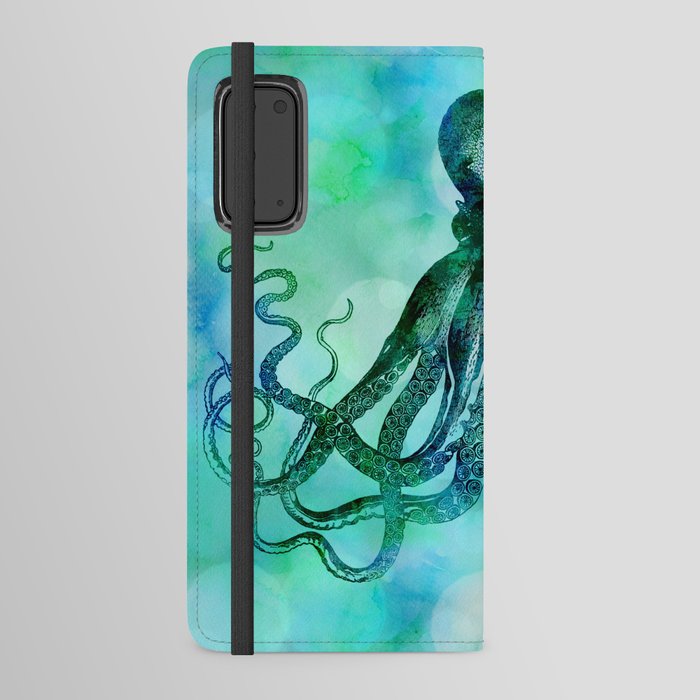 Octopus blue green mixed media underwater artwork Android Wallet Case