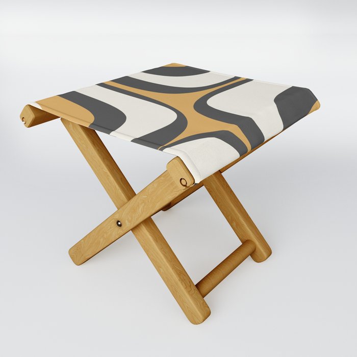 Retro Groove Pattern in Charcoal Grey, Muted Mustard Gold, and Cream  Folding Stool