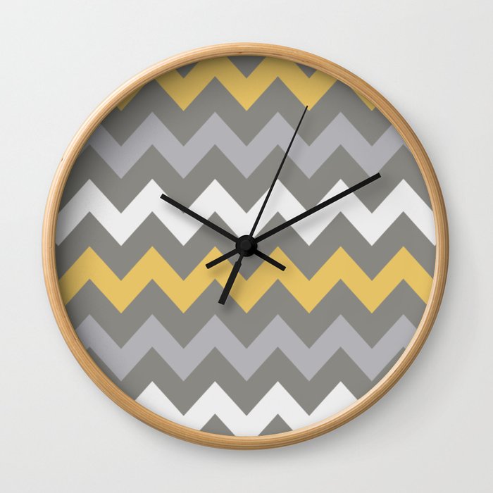 Mustard Gray White Zig Zag Pattern Wall Clock