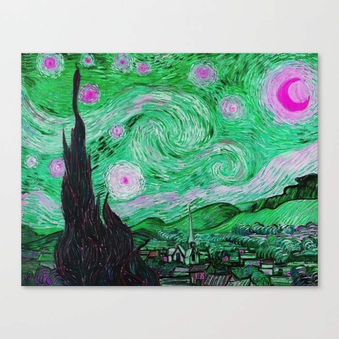 The Starry Night - La Nuit étoilée oil-on-canvas post-impressionist landscape masterpiece painting in alternate green and purple by Vincent van Gogh Canvas Print