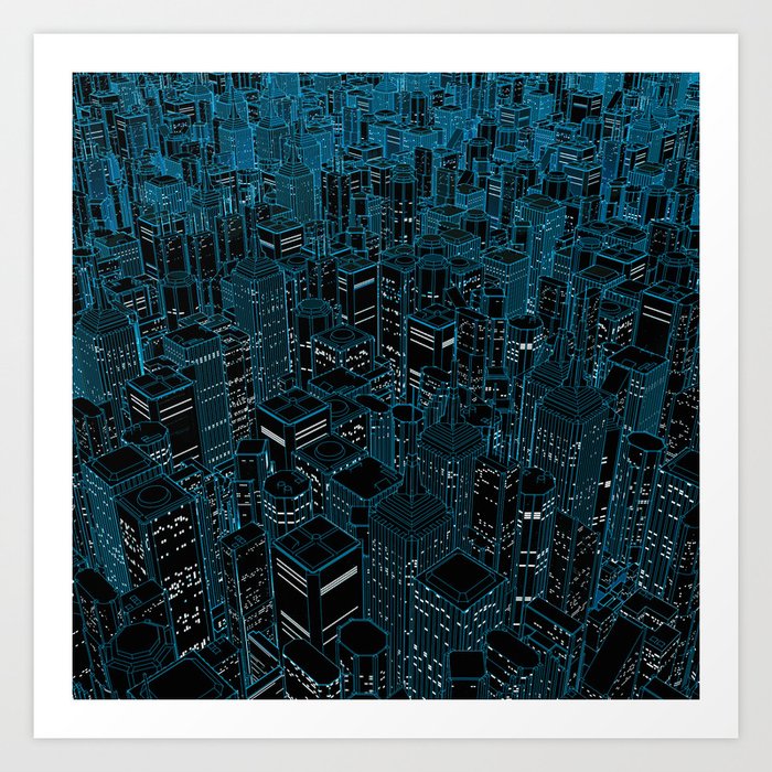 Night light city / Lineart city in blue Art Print