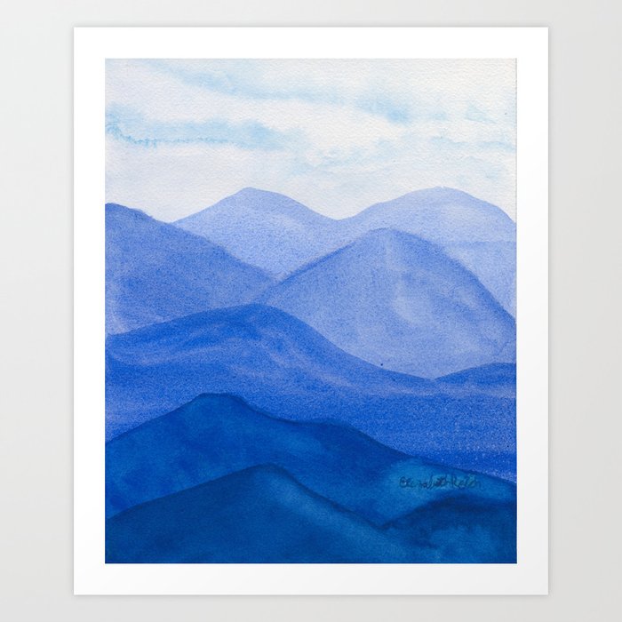 Ultramarine Blue Mountains, Watercolor Landscape Painting Art Print