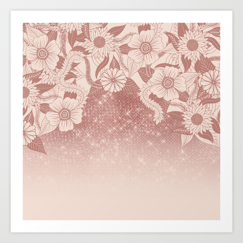 Chic Pink Rose Gold Floral Drawing Glitter Ombre Art Print By Lafemmeart Society6