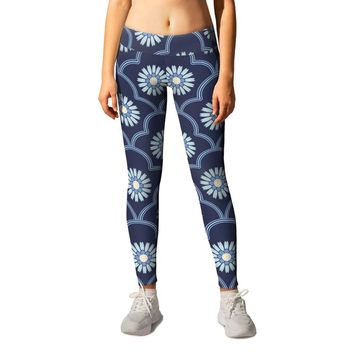 Ethnic Ogee Floral Pattern Blue Leggings