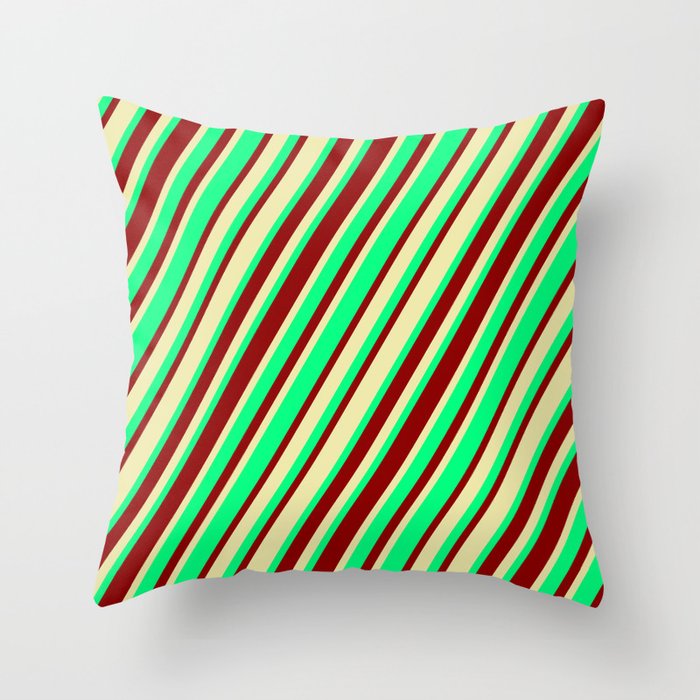 Green, Dark Red & Pale Goldenrod Colored Stripes Pattern Throw Pillow