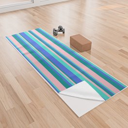 [ Thumbnail: Turquoise, Royal Blue, Dark Cyan, and Pink Colored Stripes Pattern Yoga Towel ]