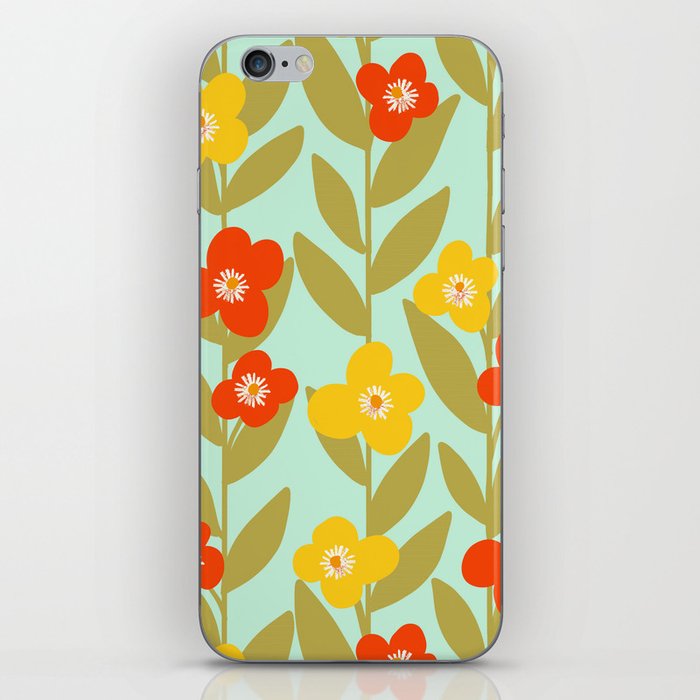 Mid century modern floral and leaves seamless pattern in yellow, red on blue  iPhone Skin