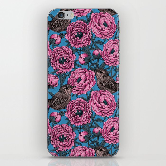 Pink peonies and wrens on blue iPhone Skin