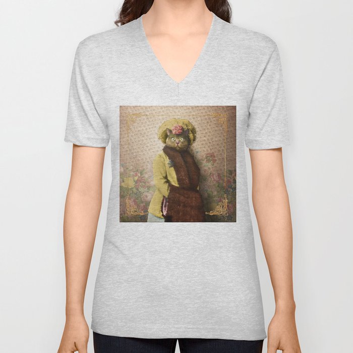 Lady Vanderkat with Roses V Neck T Shirt