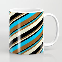 [ Thumbnail: Deep Sky Blue, Brown, Light Yellow & Black Colored Lines Pattern Coffee Mug ]