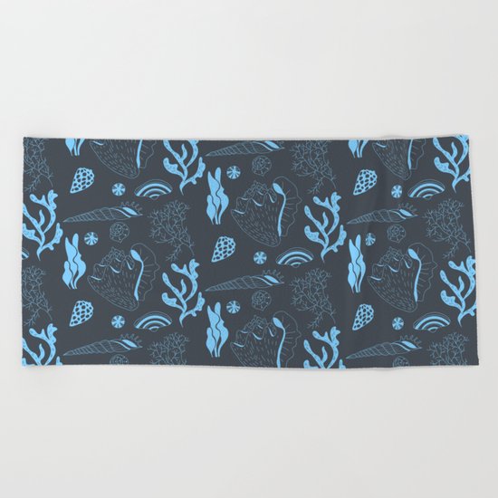 Tropical underwater life pattern in blue Beach Towel