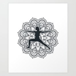 Black and white drawing of a woman silhouette doing yoga in front of a mandala Art Print