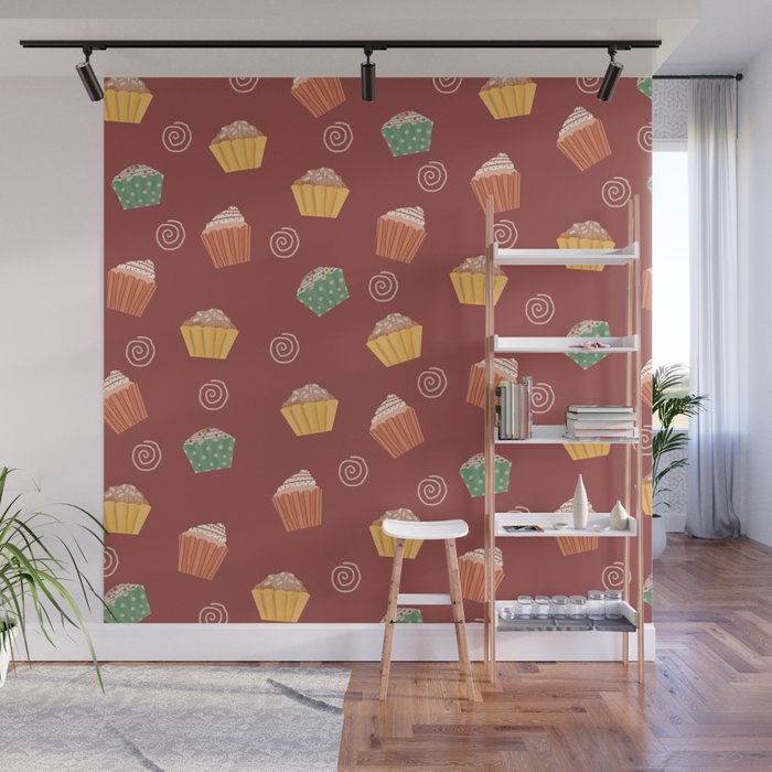 Sweet Cupcakes Print On Maroon Background Pattern Wall Mural