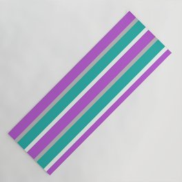 [ Thumbnail: Grey, Light Sea Green, Mint Cream, and Orchid Colored Lined Pattern Yoga Mat ]