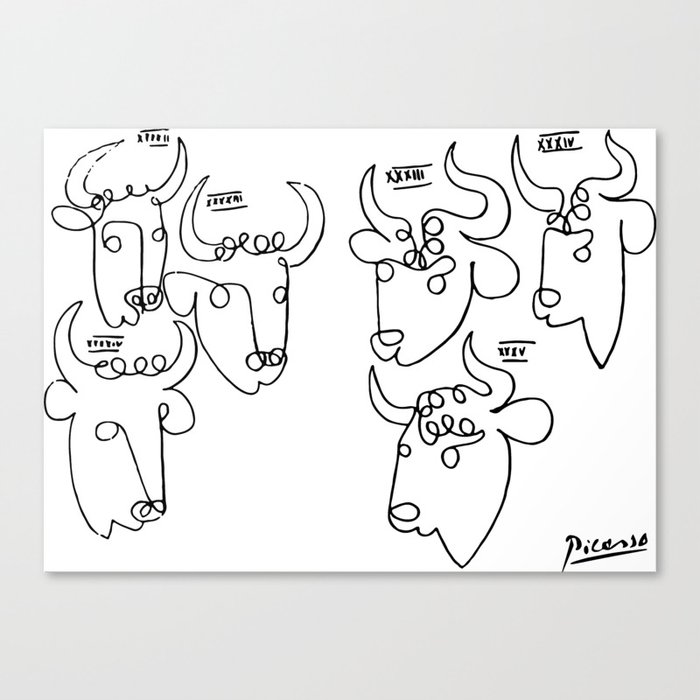 Picasso - Bulls Artwork, Animals Line Sketch, Prints, Posters, Bags, Tshirts, Men, Women, Kids Canvas Print
