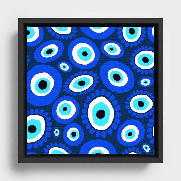 Evil Eye Symbol Blue White Pattern Framed Canvas