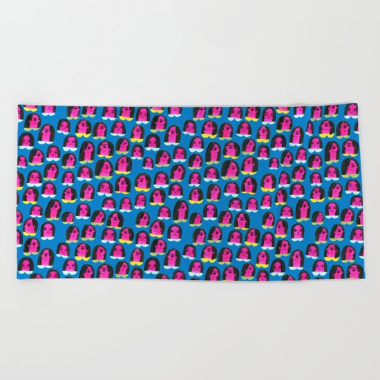 Pink Heads On Blue Beach Towel