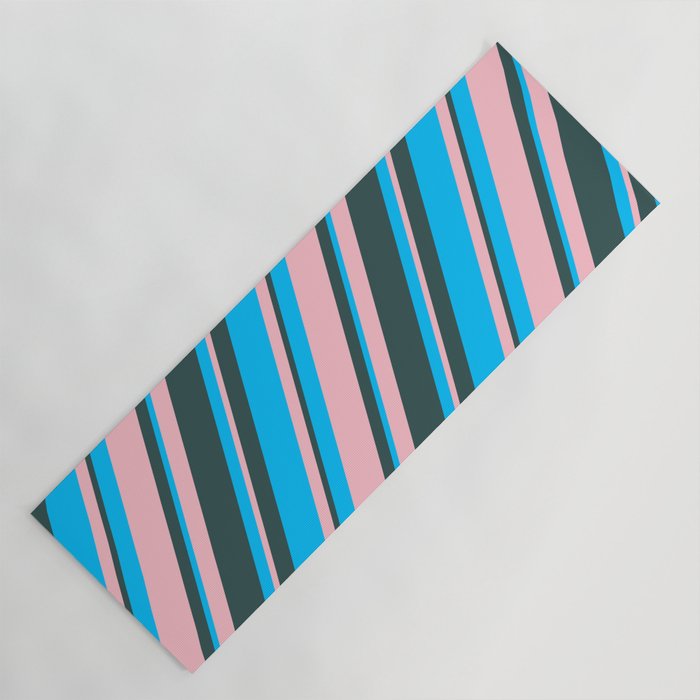 Deep Sky Blue, Pink & Dark Slate Gray Colored Stripes Pattern Yoga Mat
