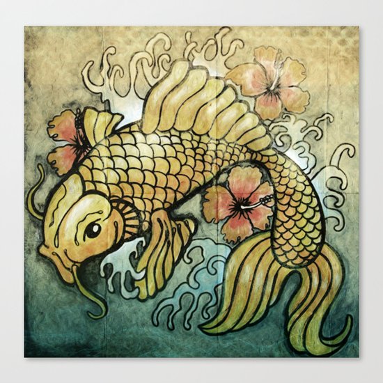 Koi Fish and Hibiscus Canvas Print