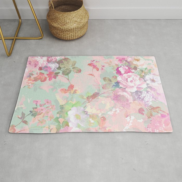Vintage botanical blush pink mint green floral pattern Rug by Pink