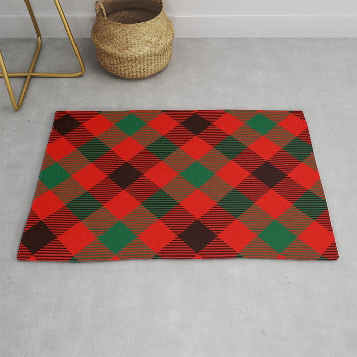 Red Plaid with Diagonal Green and Black Stripes Rug