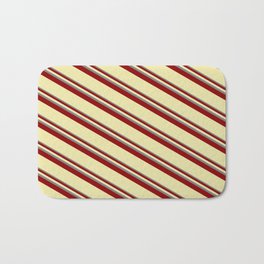 [ Thumbnail: Grey, Dark Red & Pale Goldenrod Colored Striped Pattern Bath Mat ]