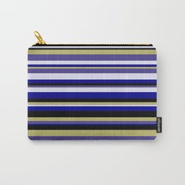 [ Thumbnail: Eyecatching Dark Khaki, Dark Slate Blue, Lavender, Dark Blue, and Black Colored Lines Pattern Carry-All Pouch ]