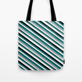 [ Thumbnail: Teal, Dark Grey, White, and Black Colored Lines/Stripes Pattern Tote Bag ]