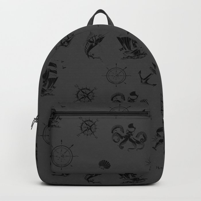 Dark Grey And Black Silhouettes Of Vintage Nautical Pattern Backpack