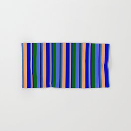 [ Thumbnail: Brown, Blue, Dark Green, and Royal Blue Colored Lines Pattern Hand & Bath Towel ]