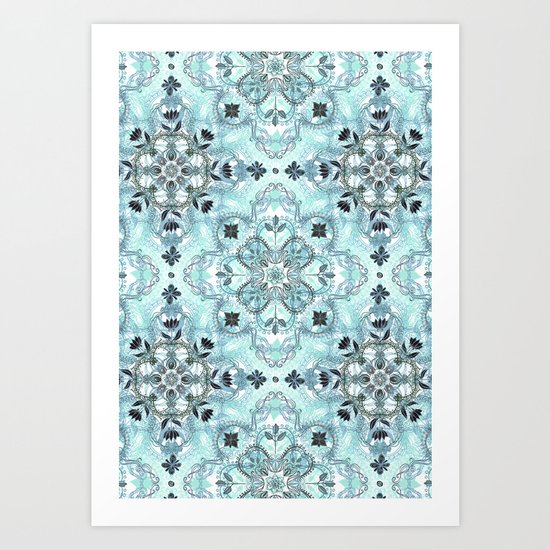 Soft Mint & Teal Detailed Lace Doodle Pattern Art Print