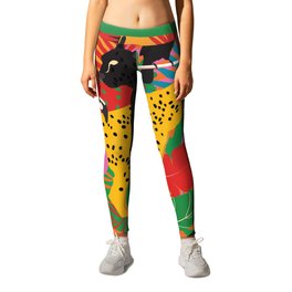 Leopard black panther flamingo toucan and tropical leaves Leggings | Leopard, Wildanimals, Curated, Flamingo, Blackdot, Leaves, Animal, Retro, Parrot, Vintage 