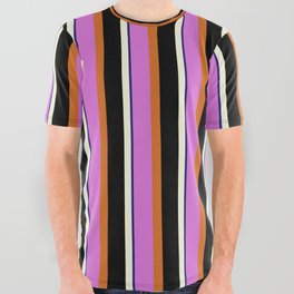 [ Thumbnail: Orchid, Chocolate, Black, Beige & Midnight Blue Colored Lined/Striped Pattern All Over Graphic Tee ]