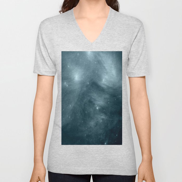Galaxy : Pleiades Star Cluster NeBula Steel Blue V Neck T Shirt
