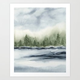 River Revere I - Navy Blue and Sage Green Wall Art, River and Trees Watercolor Painting, Abstract Nature Art Art Print