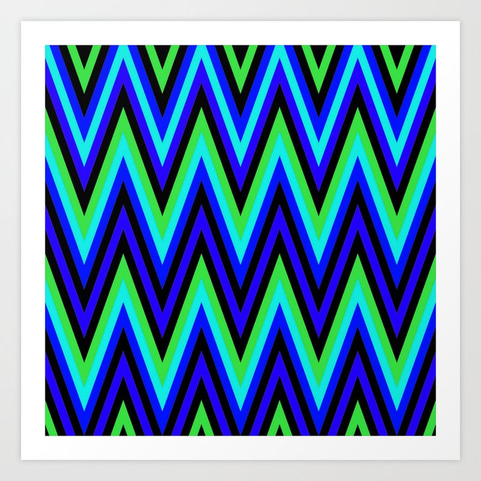Chevron Design In Deep Blue Lime Green Zigzags Art Print