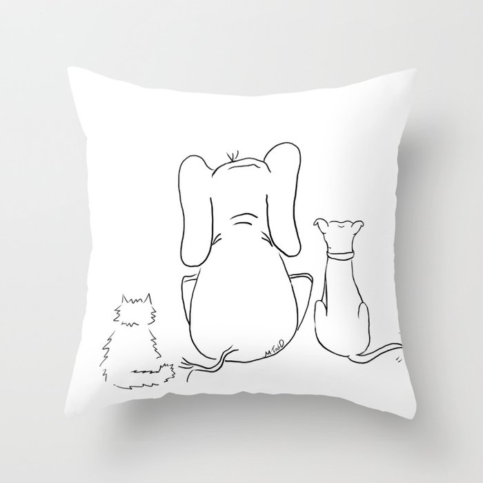 Cat, elephant, and dog friendship trio Throw Pillow