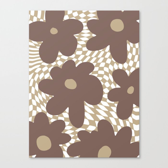 Retro Flowers on Warped Checkerboard \\ Cocoa Mocca Color Palette Canvas Print