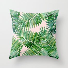 Green palm leaves on a light pink background. Throw Pillow