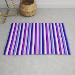 [ Thumbnail: Colorful Blue, Dark Violet, Cornflower Blue, Beige, and Plum Colored Lined Pattern Rug ]