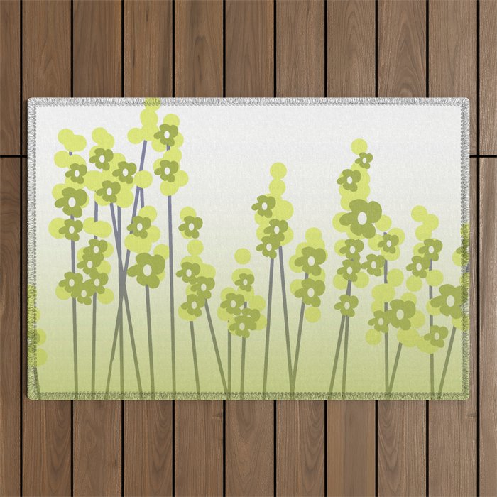 Hello Spring Green/Black Retro Plants with Flowers White Background #decor #society6 #buyart Outdoor Rug