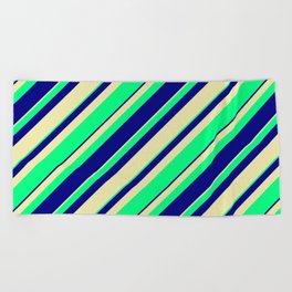 [ Thumbnail: Pale Goldenrod, Green, and Blue Colored Stripes/Lines Pattern Beach Towel ]