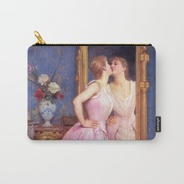 Kiss off!  French belle kissing mirror (vanity) in Parisienne Salon epoque female portrait oil painting by Auguste Toulmouche for home, bedroom and wall decor Carry-All Pouch | Woman, 19Thcentury, Ballgown, Vanity, Belle, Portrait, French, Parisian, Female, Mirror 