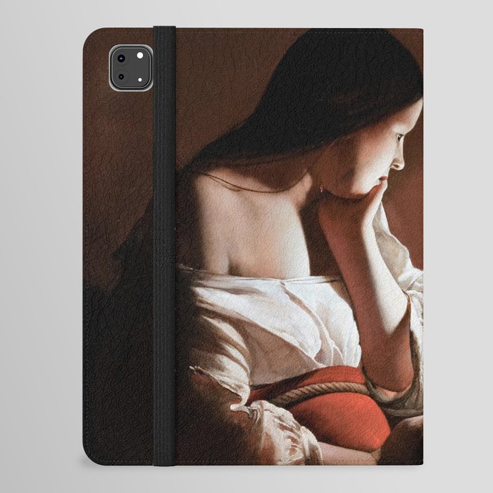 Magdalen with the Smoking Flame female staring at flame with skull of lover in hand portrait painting iPad Folio Case