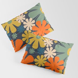 Retro 60s 70s Aesthetic Floral Pattern in Blue Mustard Orange Eucalyptus Pillow Sham