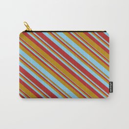 [ Thumbnail: Dark Goldenrod, Sky Blue & Red Colored Stripes Pattern Carry-All Pouch ]