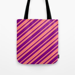 [ Thumbnail: Salmon and Purple Colored Pattern of Stripes Tote Bag ]