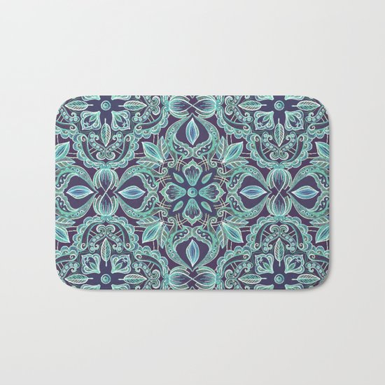 Chalkboard Floral Pattern in Teal & Navy Bath Mat